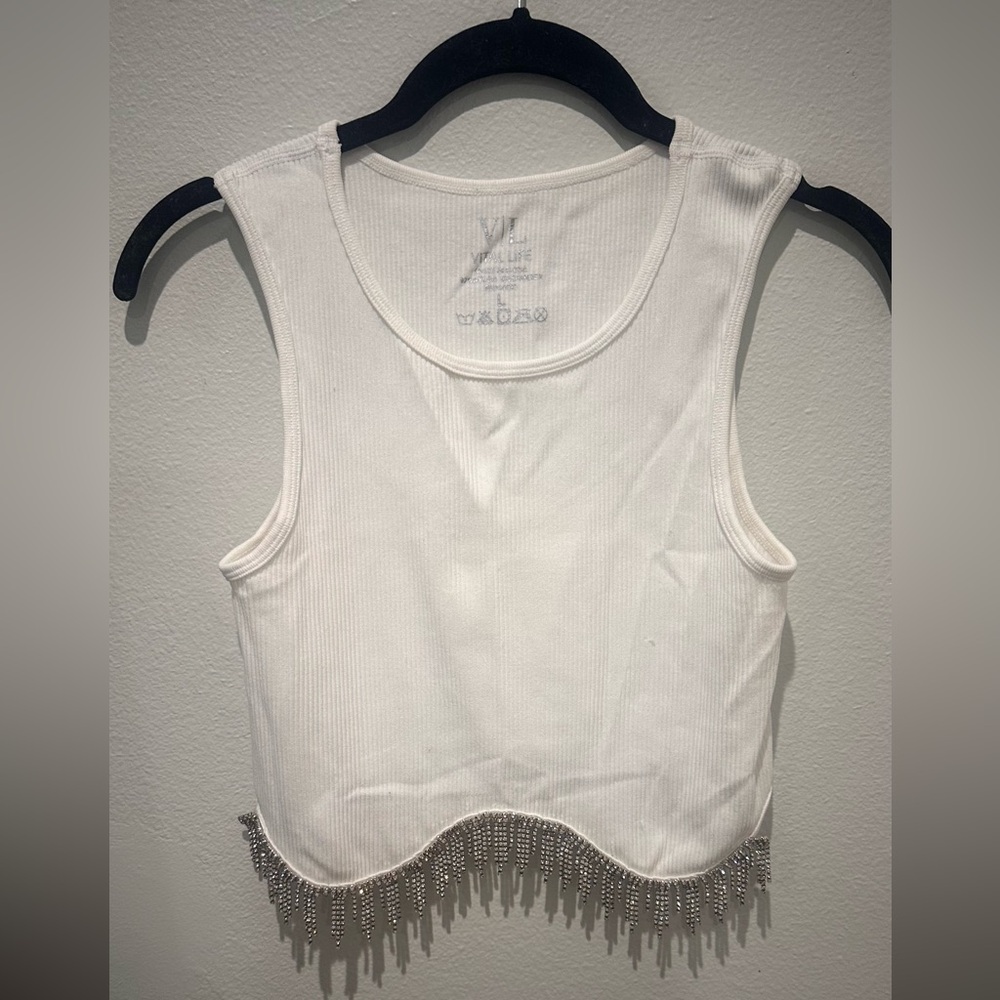 White Crop Top with Silver Fringe